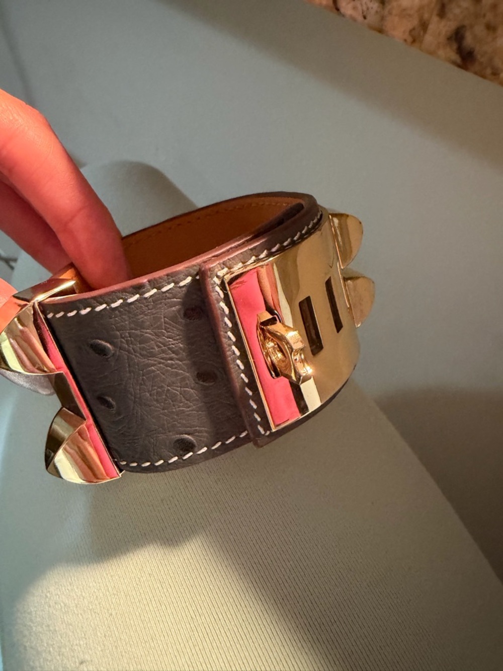 Leather Men's Wrist Cuff in Dark Brown with Gold Hardware